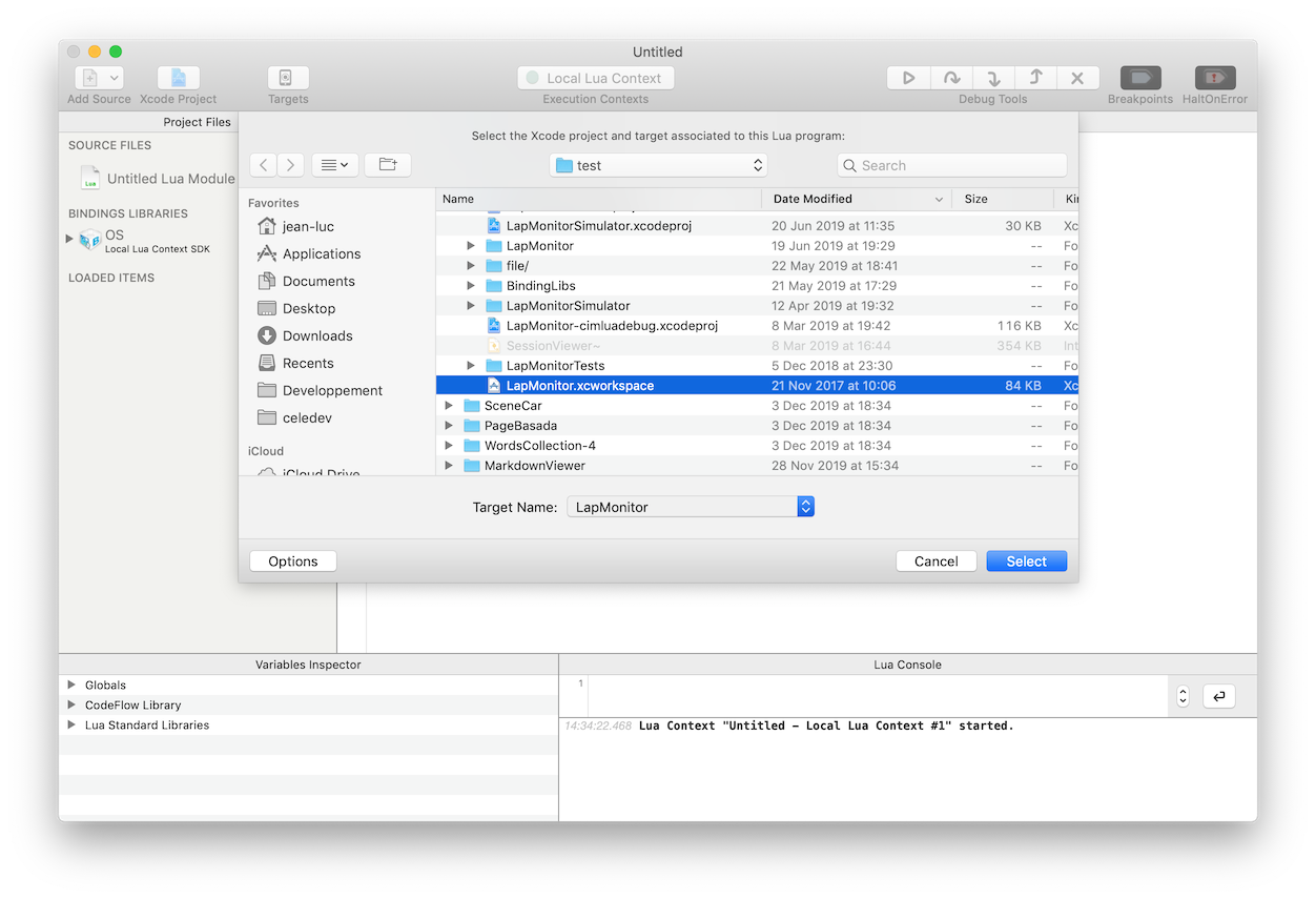 Associated Xcode project selection dialog