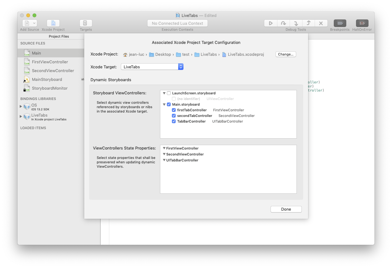 LiveTabs associated Xcode project configuration
